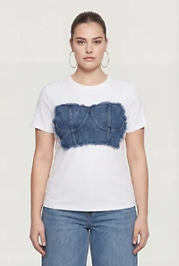 Denim Corset Detail Short Sleeve Crew Neck Tee