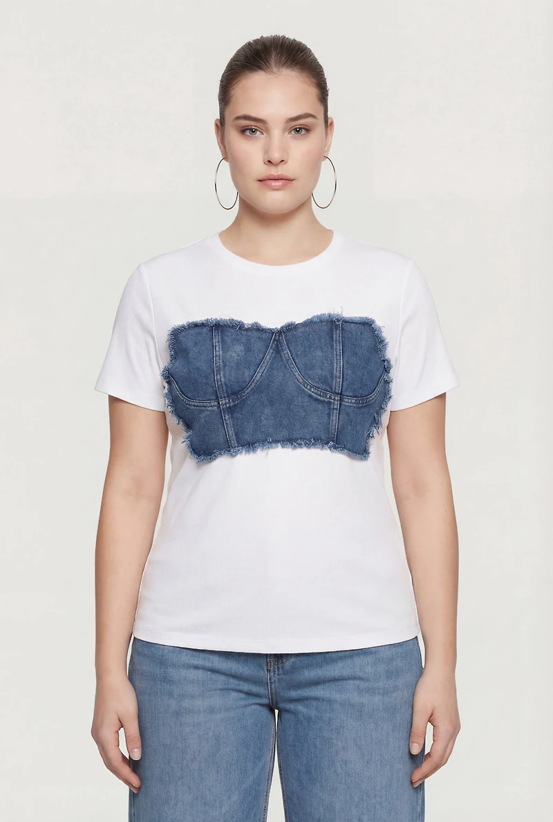 Plus Denim Corset Detail Short Sleeve Crew Neck Tee