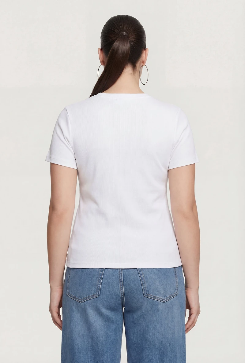 Plus Denim Corset Detail Short Sleeve Crew Neck Tee