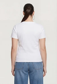 Plus Denim Corset Detail Short Sleeve Crew Neck Tee