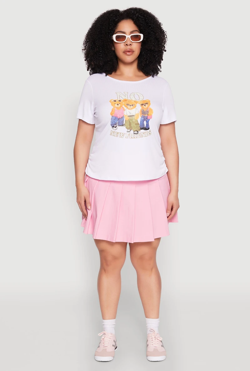 Womens Plus Size Rib Knit No New Friends Graphic Tee, White, Size 2X