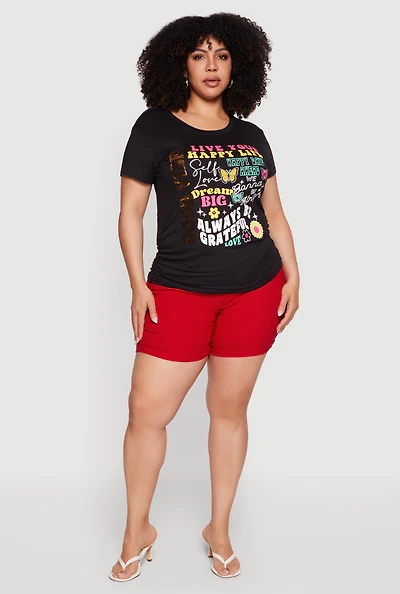 Plus Sequin Good Vibes Graphic Side Ruched Tee