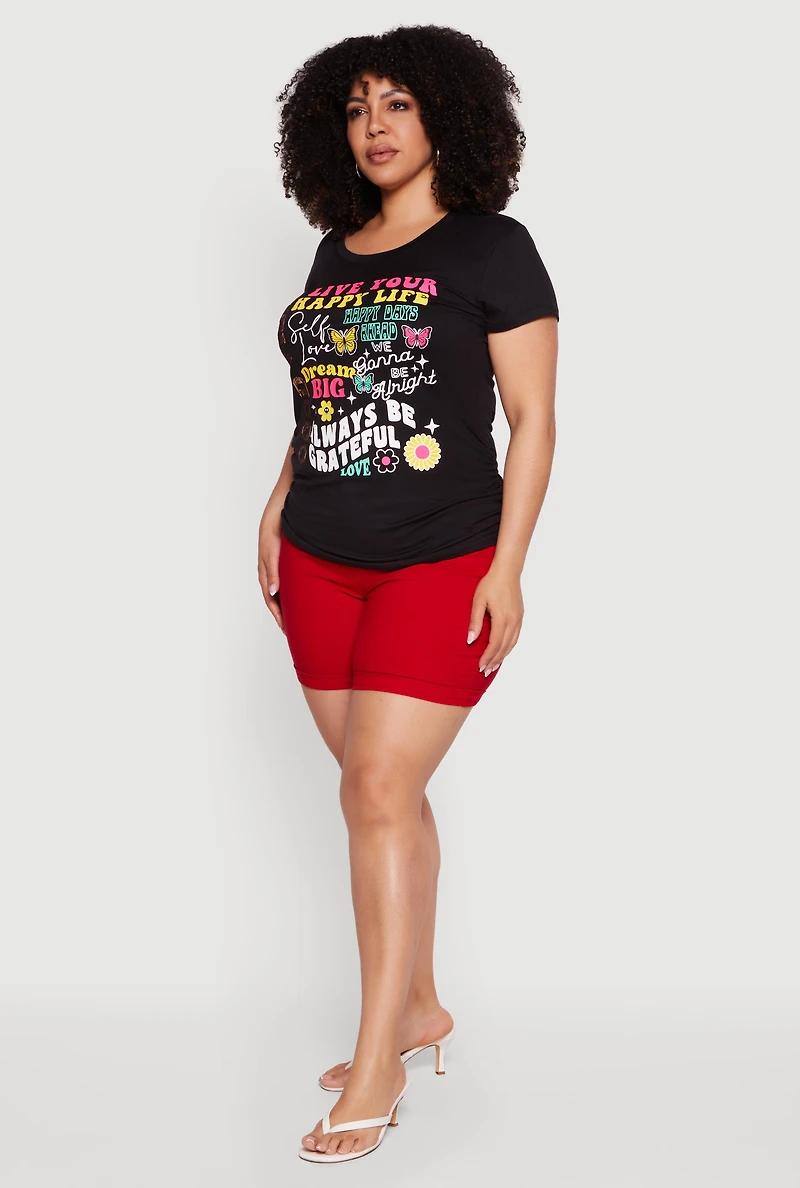 Plus Sequin Good Vibes Graphic Side Ruched Tee