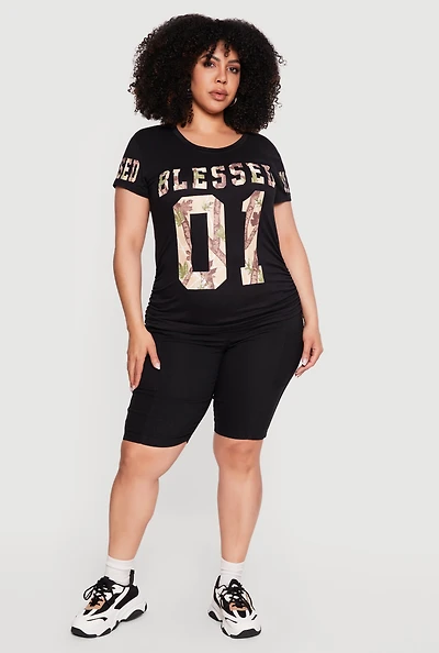 Plus Blessed 01 Camo Graphic Print Side Ruched Tee