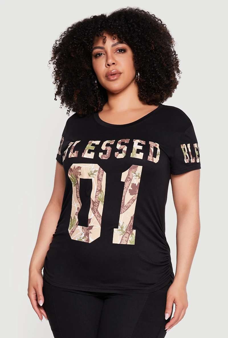 Plus Blessed 01 Camo Graphic Print Side Ruched Tee
