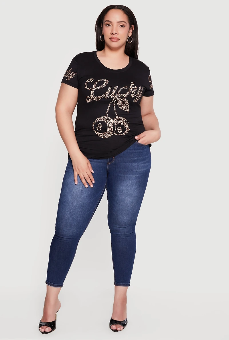 Plus Lucky Animal Print Graphic Ruched T-Shirt