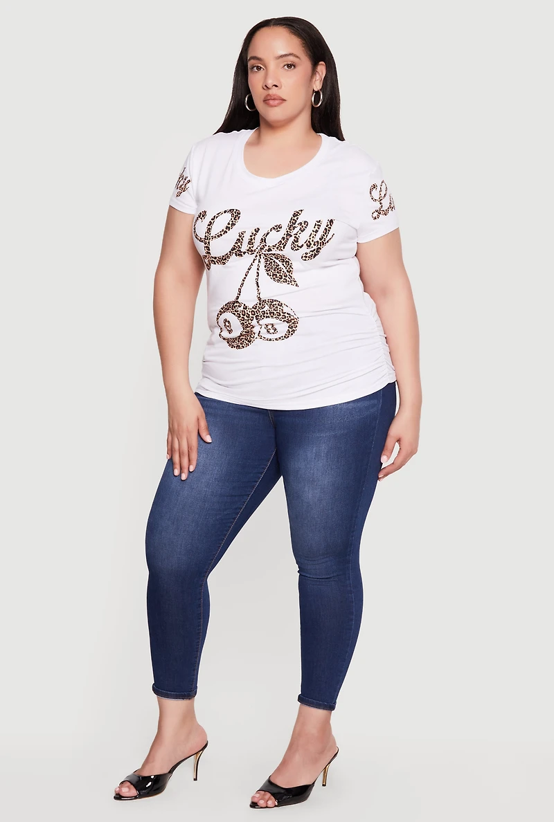 Plus Lucky Animal Print Graphic Ruched T-Shirt