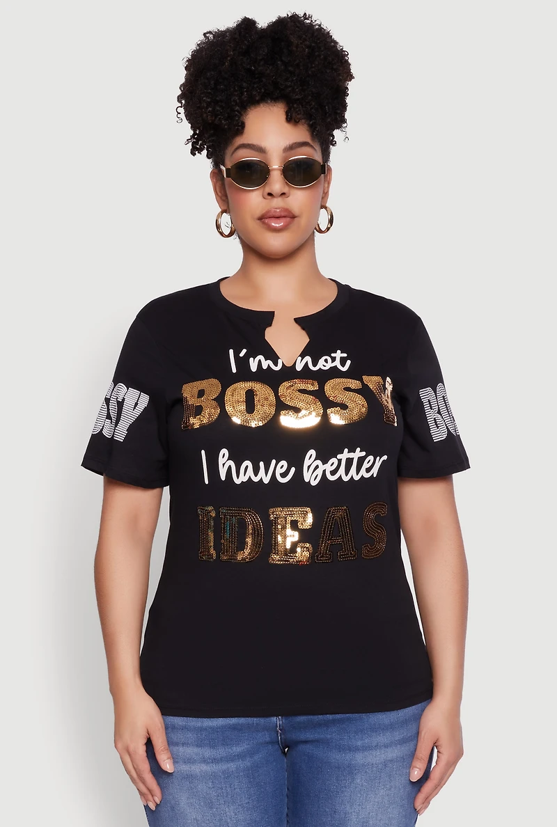 Womens Plus Sequin Bossy Ideas Graphic Tee,