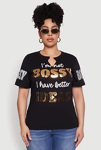 Womens Plus Sequin Bossy Ideas Graphic Tee, 1X