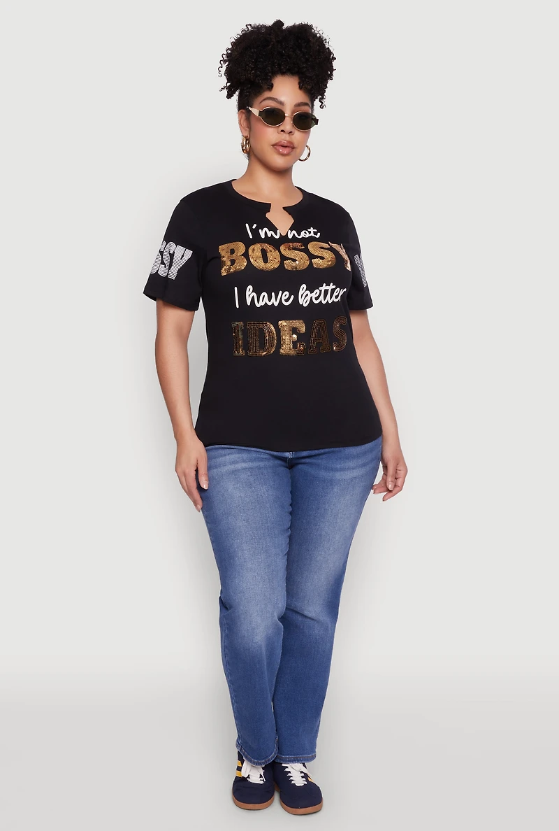 Womens Plus Sequin Bossy Ideas Graphic Tee,