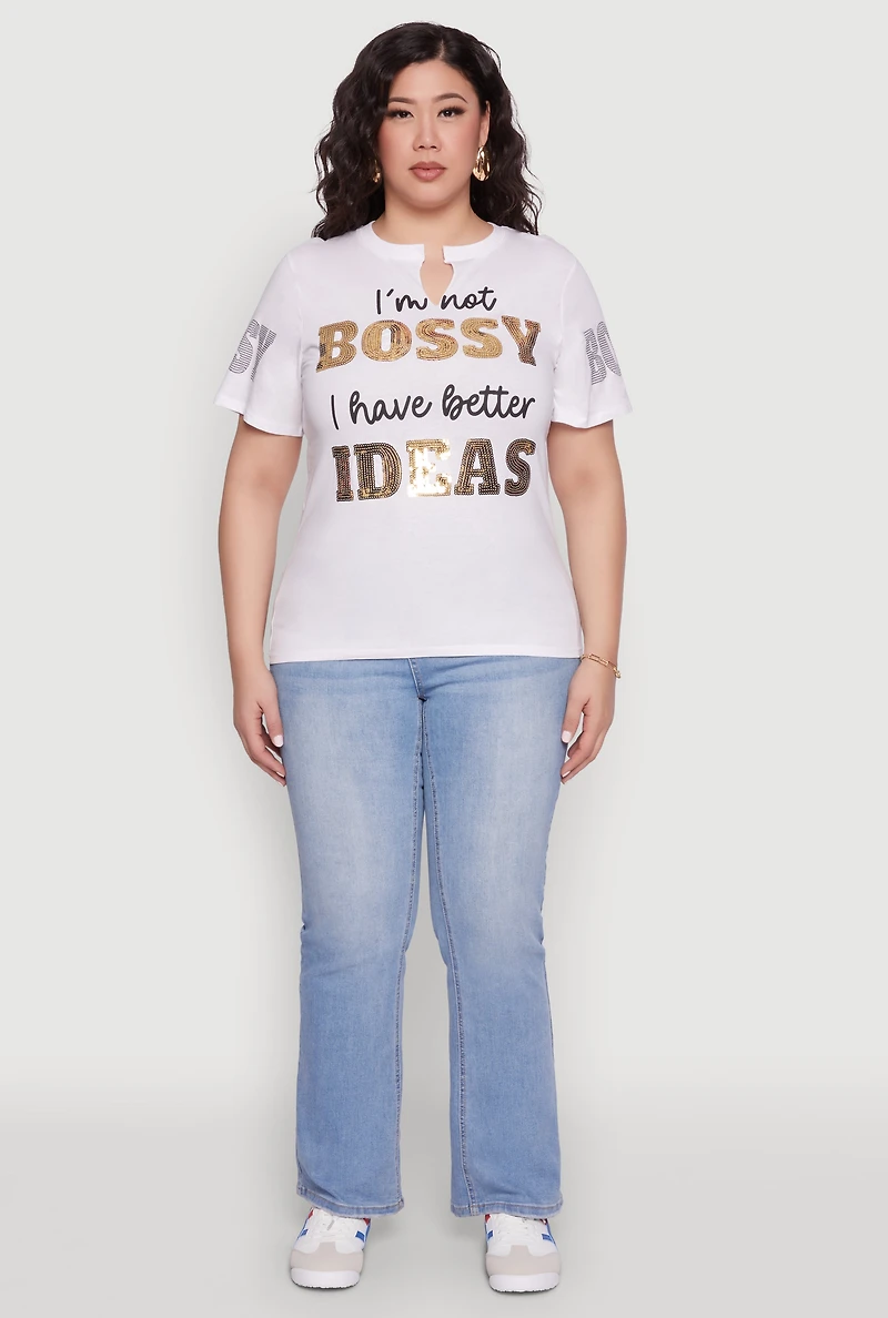 Womens Plus Sequin Bossy Ideas Graphic Tee, White,