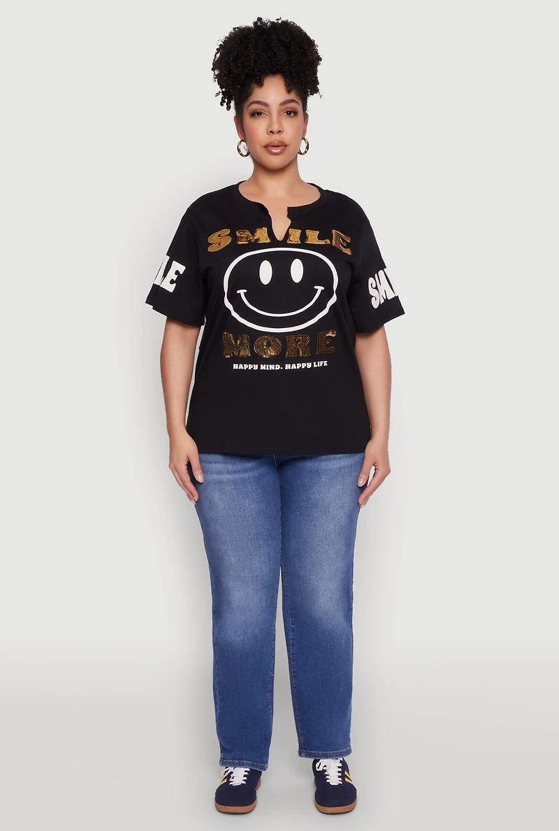 Womens Plus Sequin Smile More Graphic Tee,