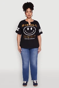 Womens Plus Sequin Smile More Graphic Tee,