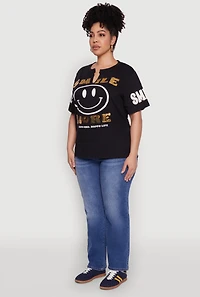 Womens Plus Sequin Smile More Graphic Tee,