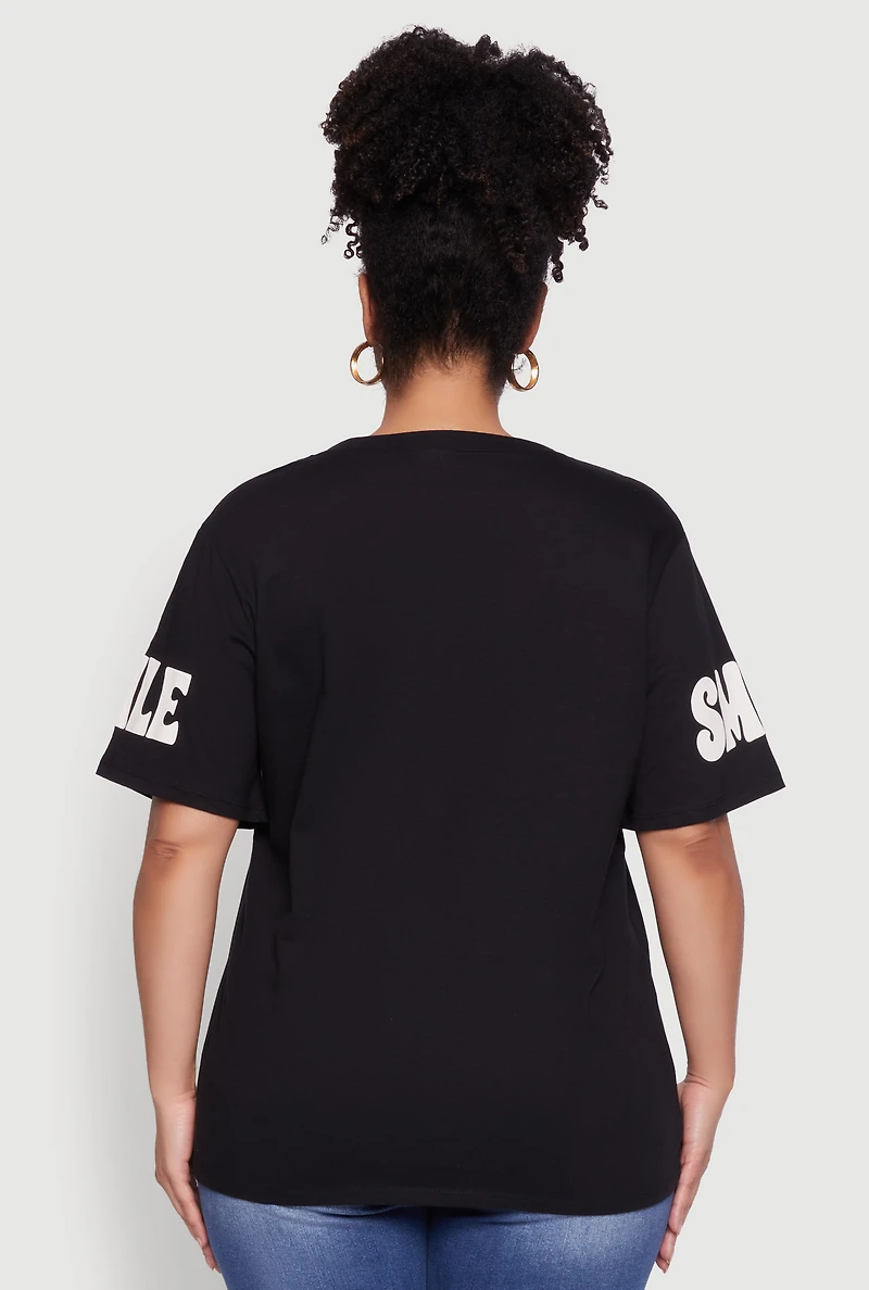 Womens Plus Sequin Smile More Graphic Tee,