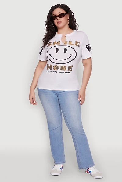 Womens Plus Size Sequin Smile More Graphic Tee, White, Size 1X