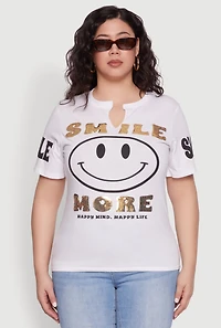 Womens Plus Size Sequin Smile More Graphic Tee, White, Size 1X