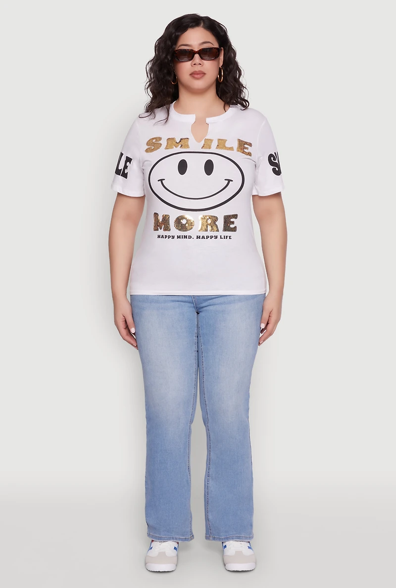 Womens Plus Size Sequin Smile More Graphic Tee, White, Size 1X