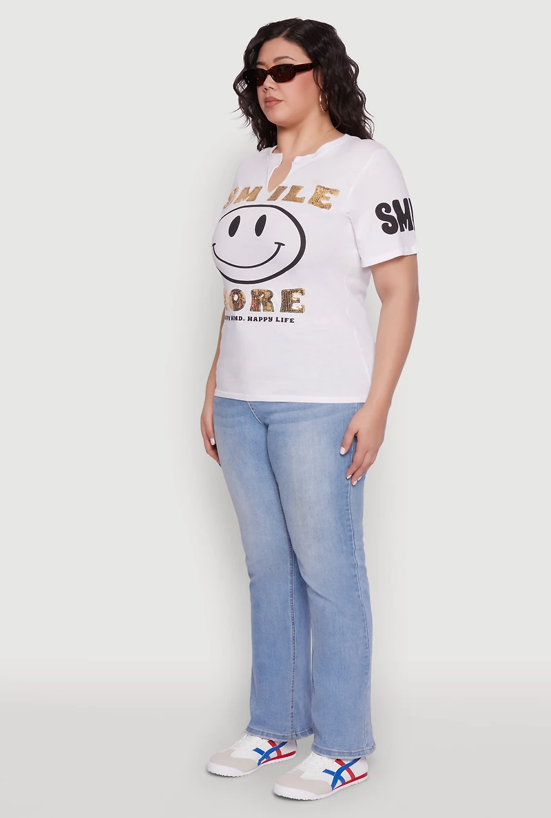 Womens Plus Size Sequin Smile More Graphic Tee, White, Size 1X