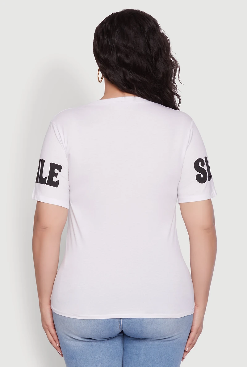 Womens Plus Size Sequin Smile More Graphic Tee, White, Size 1X
