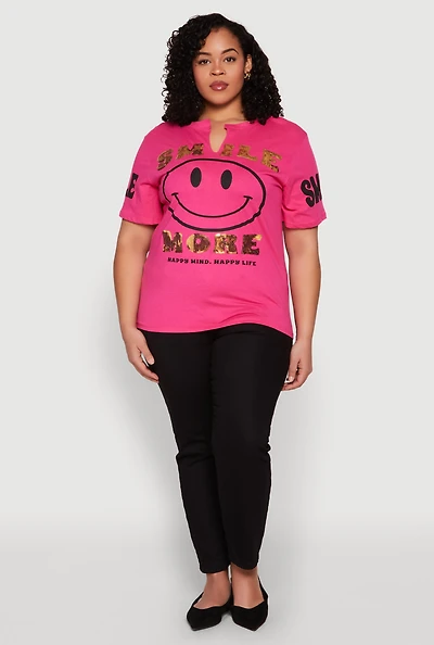 Womens Plus Size Sequin Smile More Graphic Tee, Pink, Size 1X