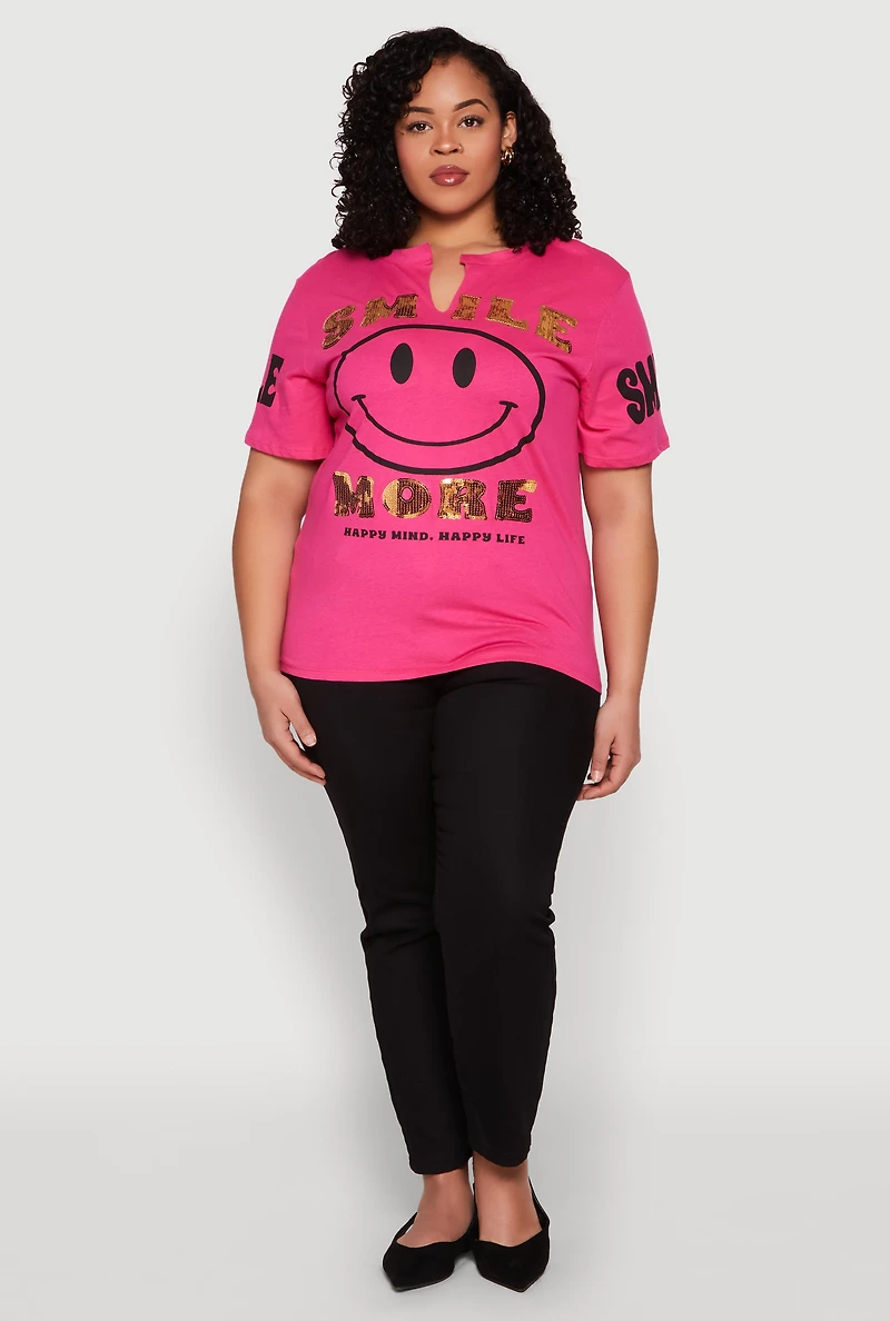 Plus Sequin Smile More Graphic Tee
