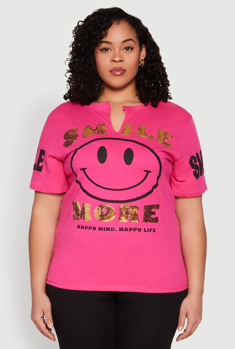 Womens Plus Size Sequin Smile More Graphic Tee, Pink, Size 1X