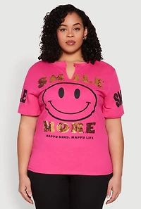 Womens Plus Size Sequin Smile More Graphic Tee, Pink, Size 1X