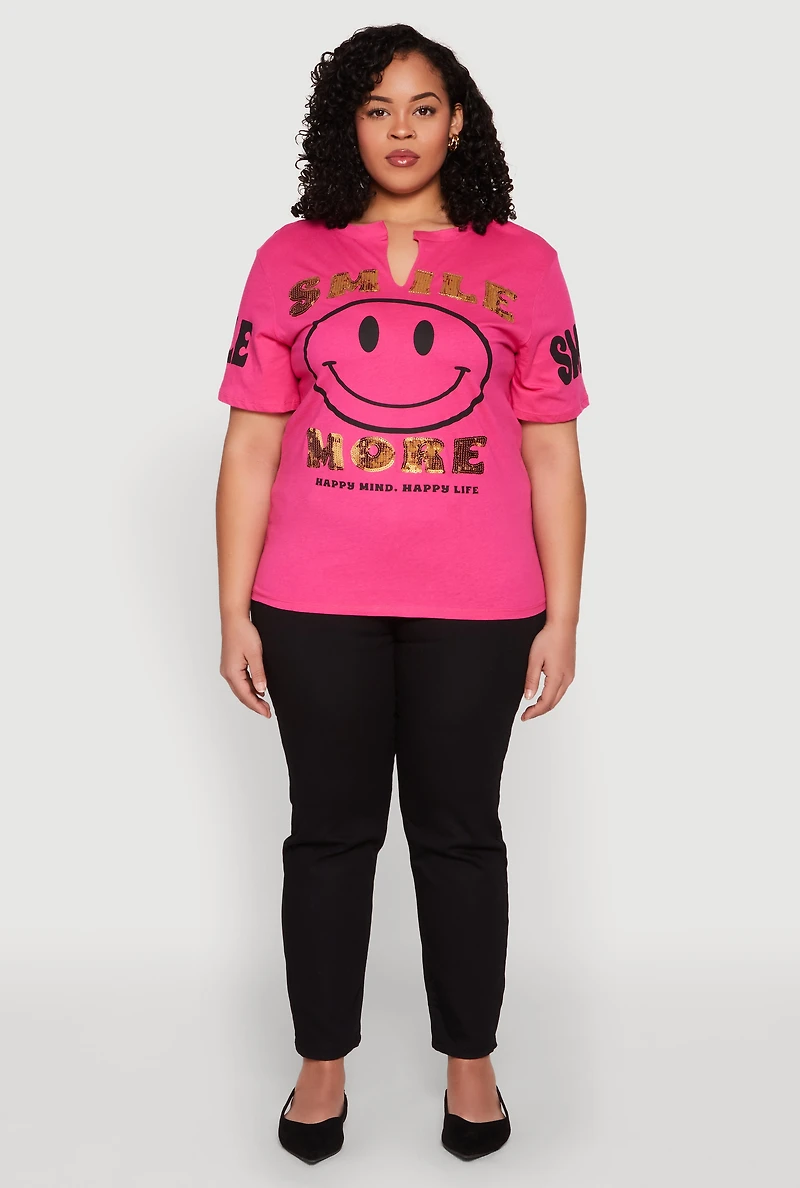 Womens Plus Size Sequin Smile More Graphic Tee, Pink, Size 1X