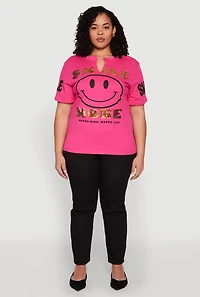 Womens Plus Size Sequin Smile More Graphic Tee, Pink, Size 1X