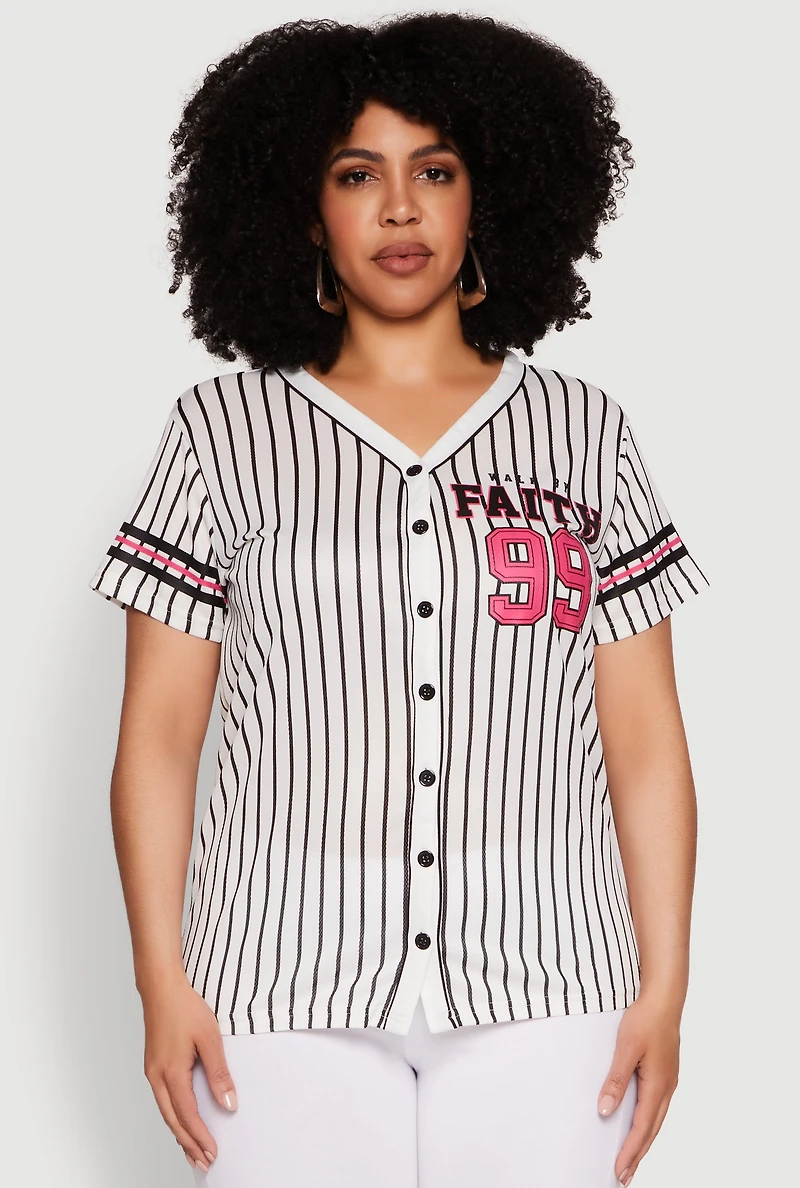 Womens Plus Size Walk By Faith 99 Pinstripe Baseball Jersey, Multi, Size 1X