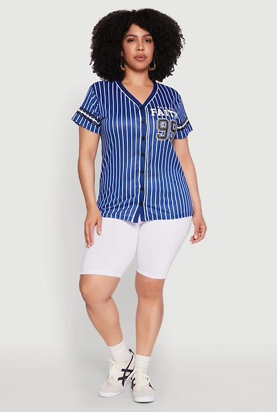 Womens Plus Walk By Faith 99 Pinstripe Baseball Jersey, Blue,