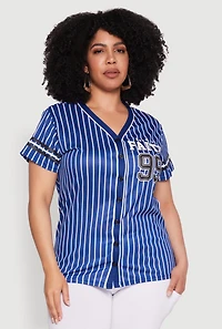 Womens Plus Walk By Faith 99 Pinstripe Baseball Jersey, Blue,