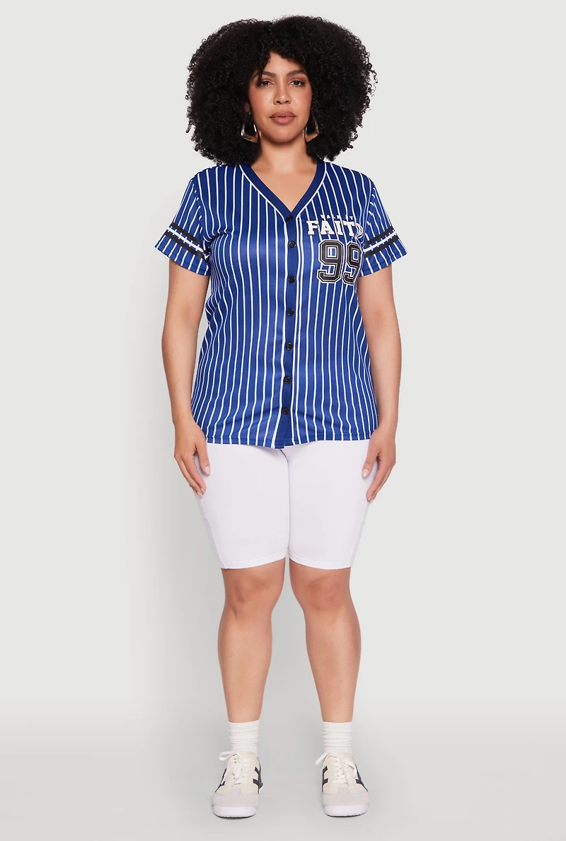 Womens Plus Size Walk By Faith 99 Pinstripe Baseball Jersey, Blue, Size 1X