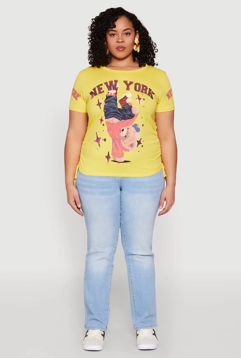 Womens Plus Size New York Sequin Bear Graphic Top, Yellow, Size 2X