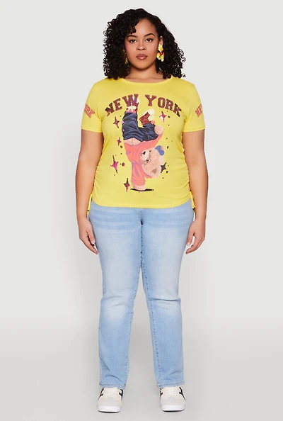 Womens Plus Size New York Sequin Bear Graphic Top, Yellow, Size 2X