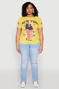 Womens Plus Size New York Sequin Bear Graphic Top, Yellow, Size 2X