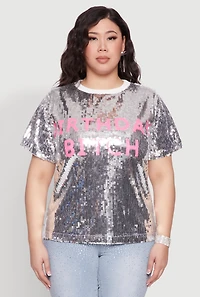 Womens Plus Size Contrast Trim Sequin Birthday Graphic Top, Grey, Size 2X