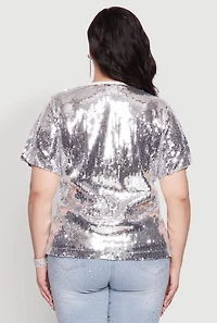Womens Plus Size Contrast Trim Sequin Birthday Graphic Top, Grey, Size 2X