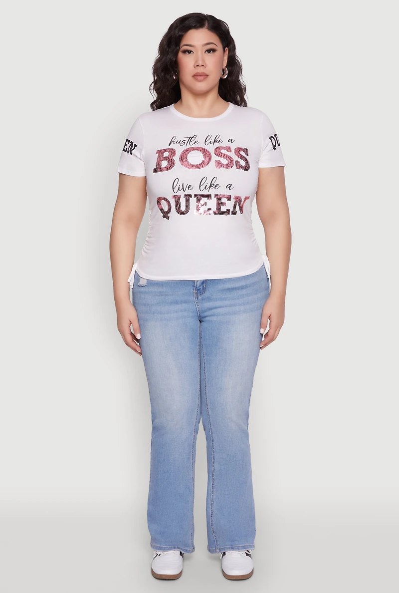 Womens Plus Size Hustle Like A Boss Live Like A Queen Top, White, Size 1X