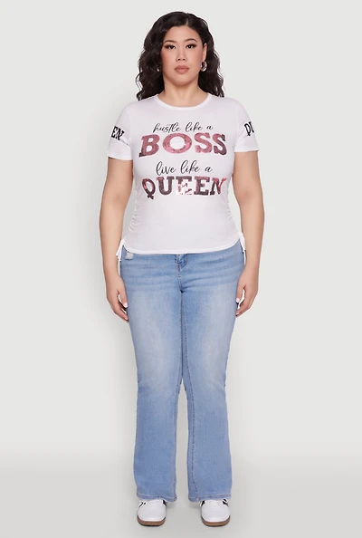 Womens Plus Size Hustle Like A Boss Live Like A Queen Top, White, Size 3X
