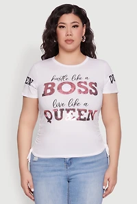 Womens Plus Size Hustle Like A Boss Live Like A Queen Top, White, Size 1X