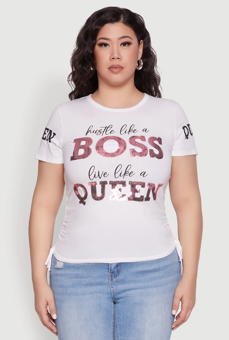 Womens Plus Size Hustle Like A Boss Live Like A Queen Top, White, Size 3X