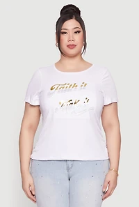 Womens Plus Size Faith It 3D Foil Graphic Tee, White, Size 3X