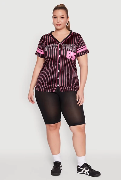 Womens Plus Striped New York Print Jersey Mesh Tee,