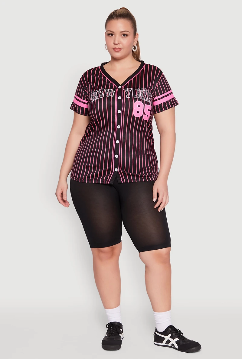 Womens Plus Size Striped New York Print Jersey Mesh Tee, Black, Size 3X
