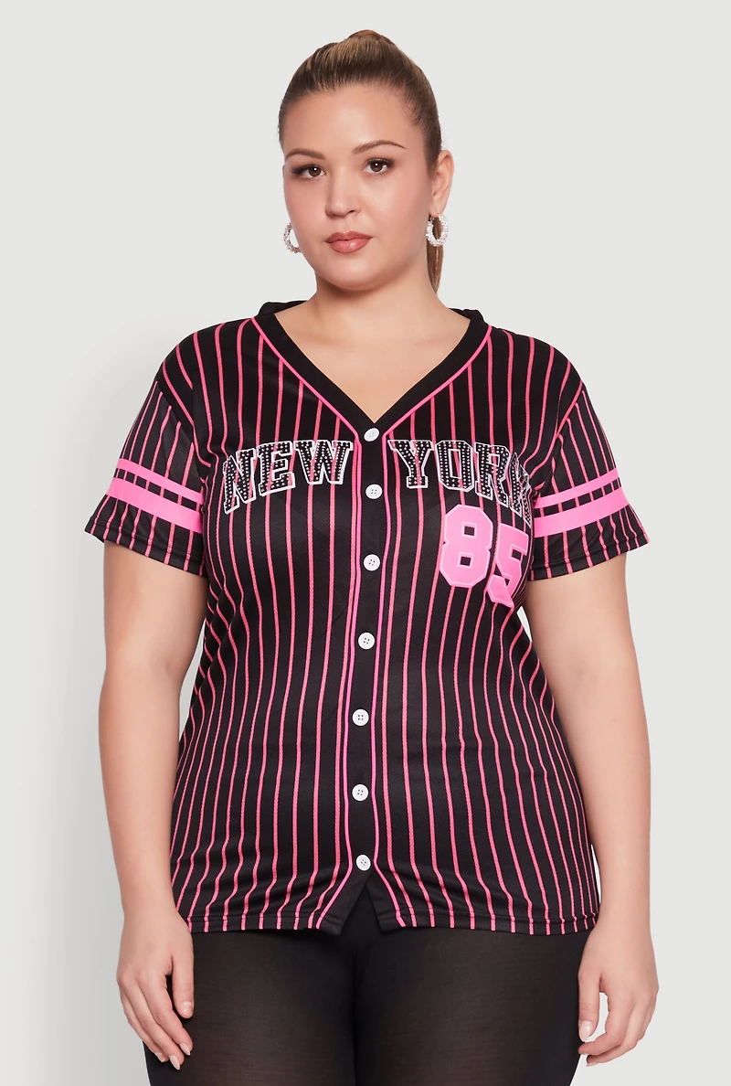 Womens Plus Size Striped New York Print Jersey Mesh Tee, Black, Size 3X