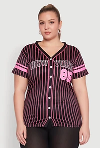 Womens Plus Size Striped New York Print Jersey Mesh Tee, Black, Size 3X