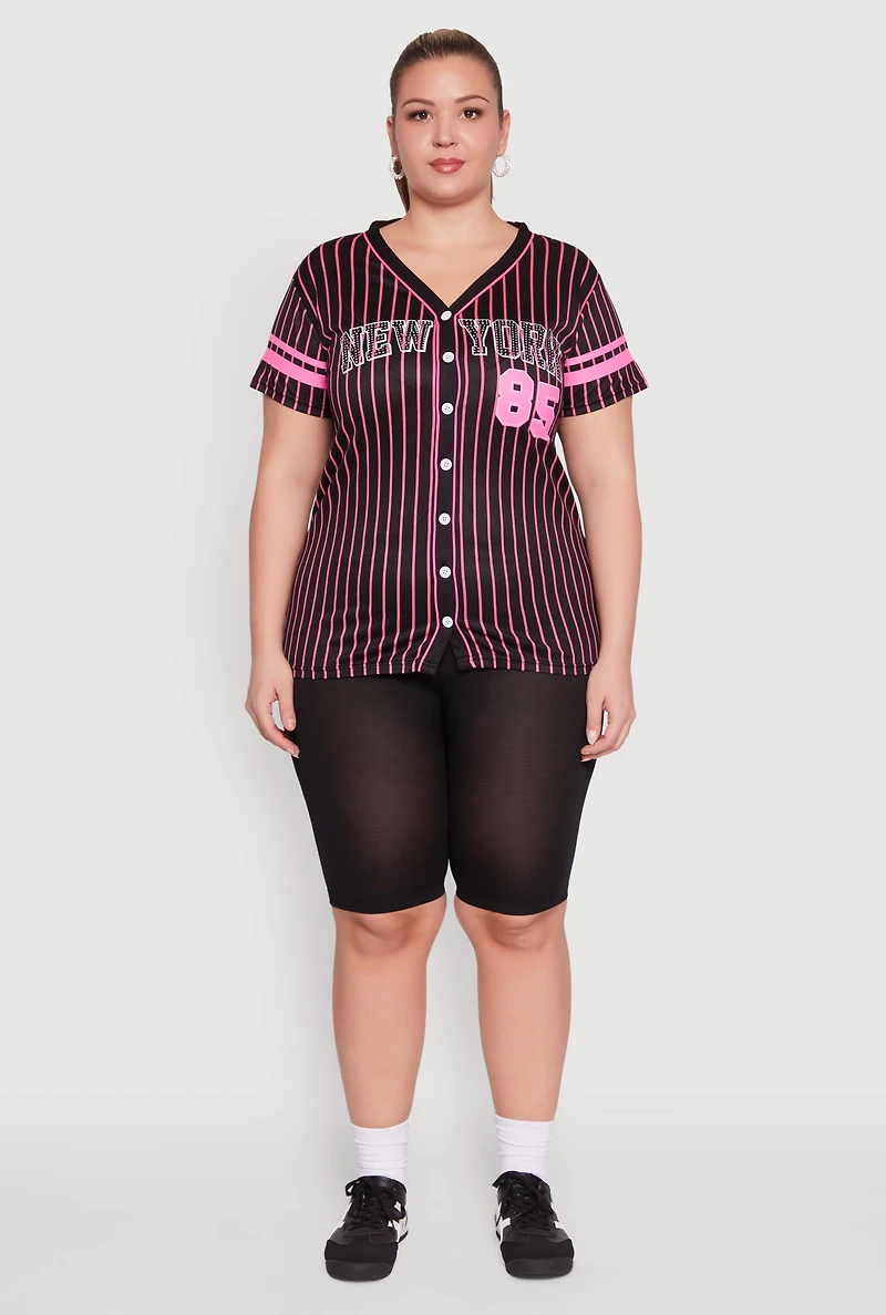 Womens Plus Striped New York Print Jersey Mesh Tee, Black,