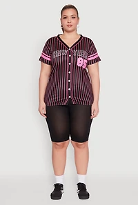 Womens Plus Size Striped New York Print Jersey Mesh Tee, Black, Size 3X